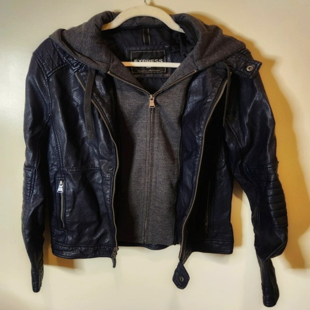 Black Faux Leather Jacket with Hoodie (Small)